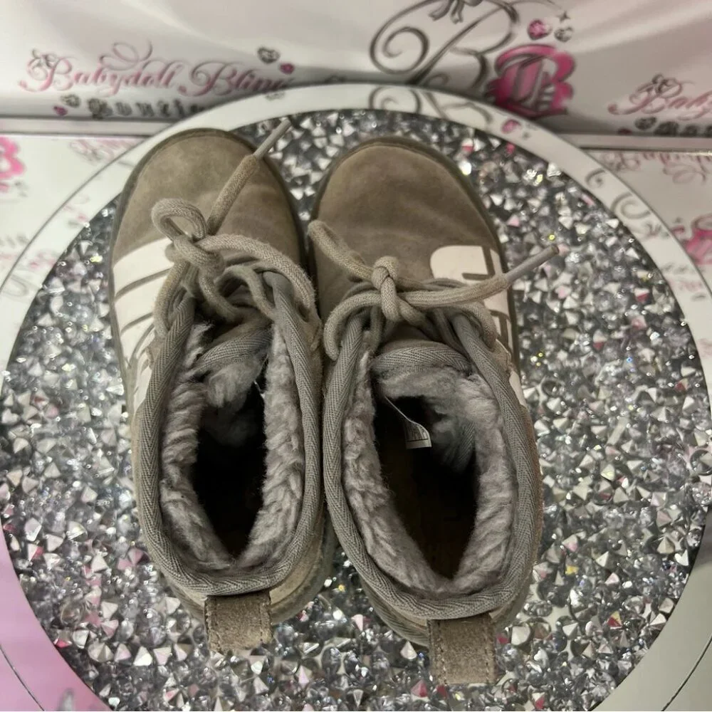 Ugg boots grey mini booties short style lace up laces ribbon 🎀 size 3 EUC gray